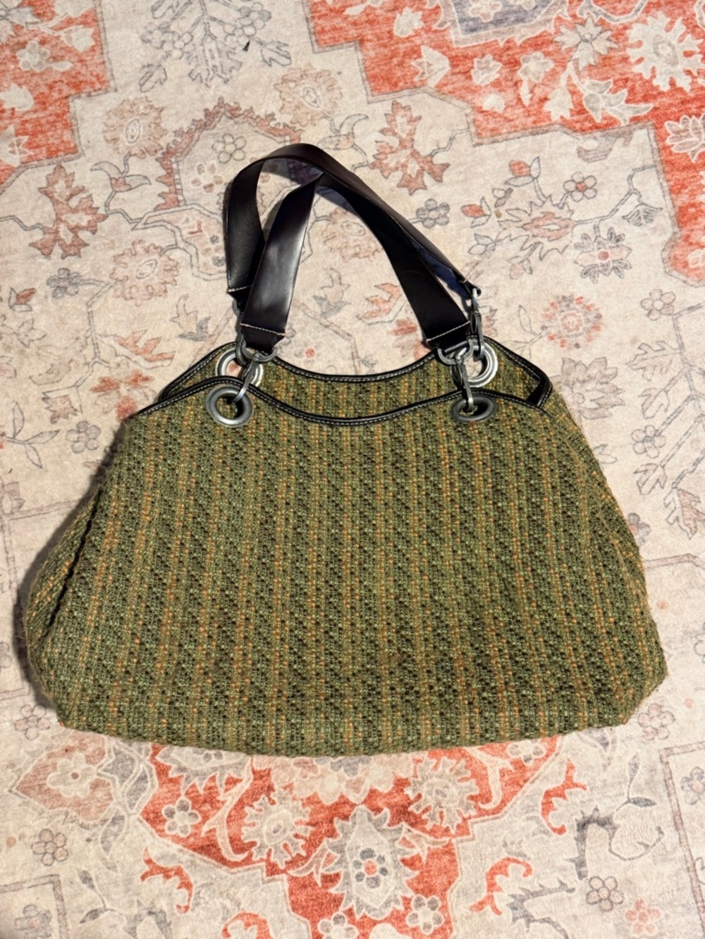 Textured Olive Green Shoulder Tote with Dark Handles